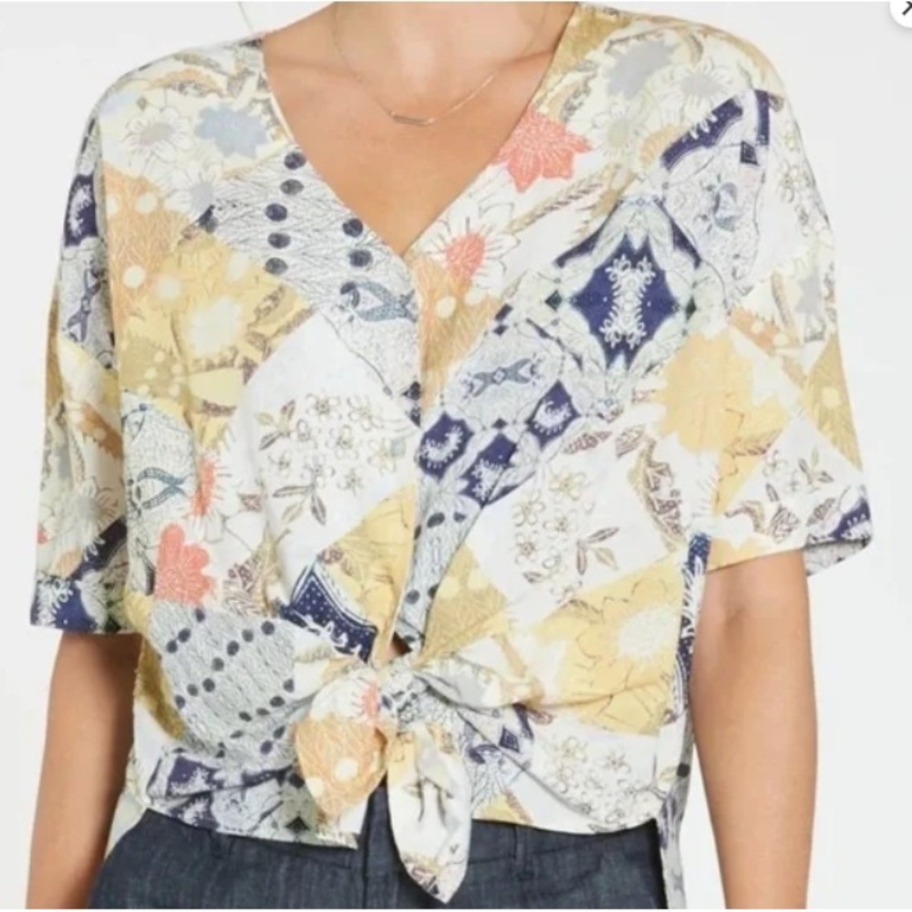 Dear John Arianna Sunfade Patchworkโ Boho Blouse Button Up / Tie Front Top Small